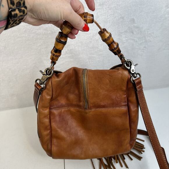 Boho Leather Crossbody Bamboo Hand Strap Featured Fringe Bohemian Tassel Brown - Picture 8 of 15